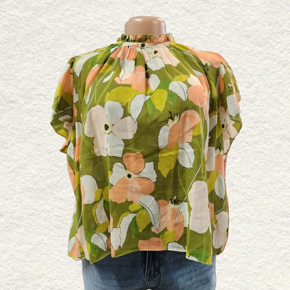 Trovata Green and Peach Floral Blouse
